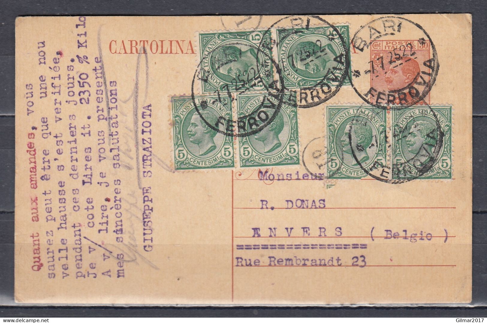 Postkaart Van Bar Ferrovia Naar Anvers - Stamped Stationery