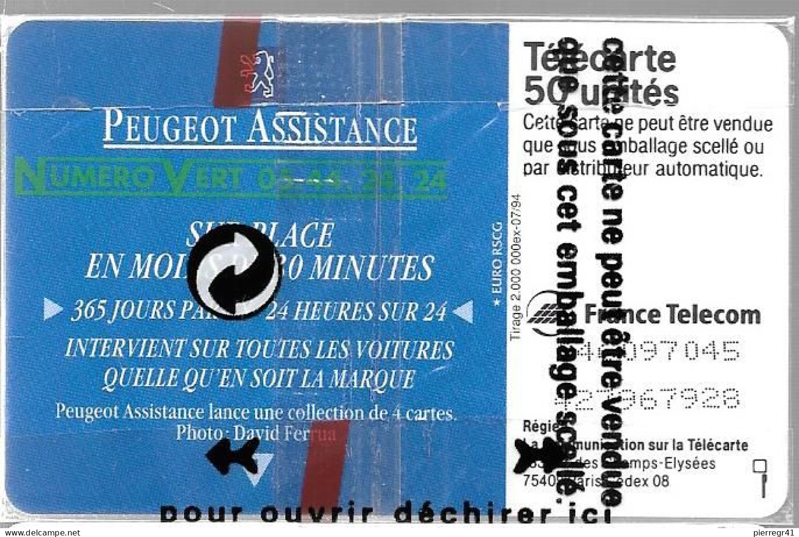 CARTE-PUBLIC-50U-F485.976-GemA-2e Logo-PEUGEOT ASSISTANCE 1-DN°Espacé Série 97045-NSB- TBE - 1994