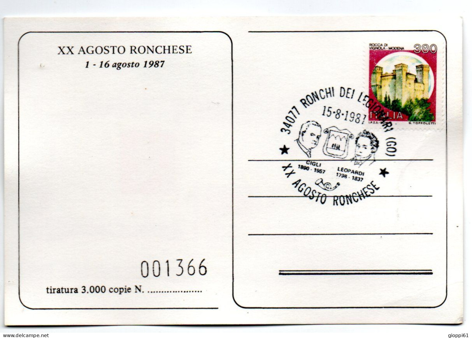 Cartolina Con Annullo Numerato Per Il XX Agosto Ronchese (fronte E Retro) - Timbres (représentations)