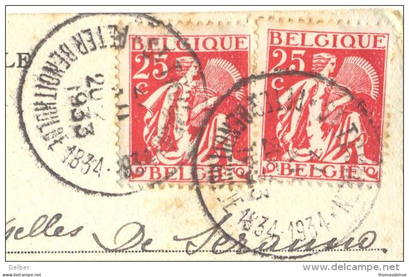 _ik174: N° 339+339::ST-TRUIDEN PETER BENOITHULDE 1834-1934... Op Fantasie Kaartje Met Verknipte Postzegels..HOUYOUX... - 1932 Ceres Y Mercurio