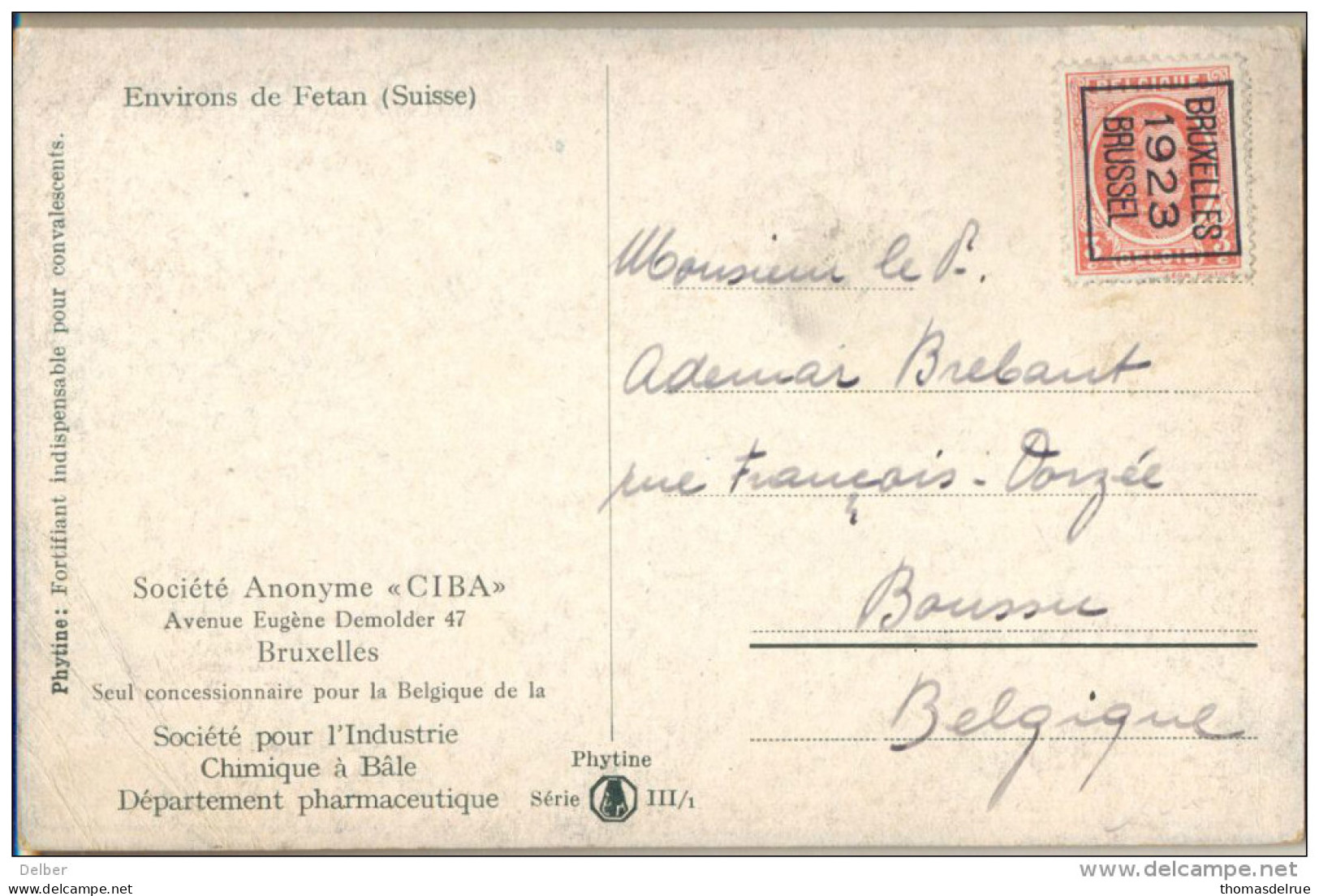 1p105: N° 78 : BRUXELLES 1923 BRUSSEL Op Drukwerkkaart  Van CIBA > Boussu... - Typos 1922-31 (Houyoux)