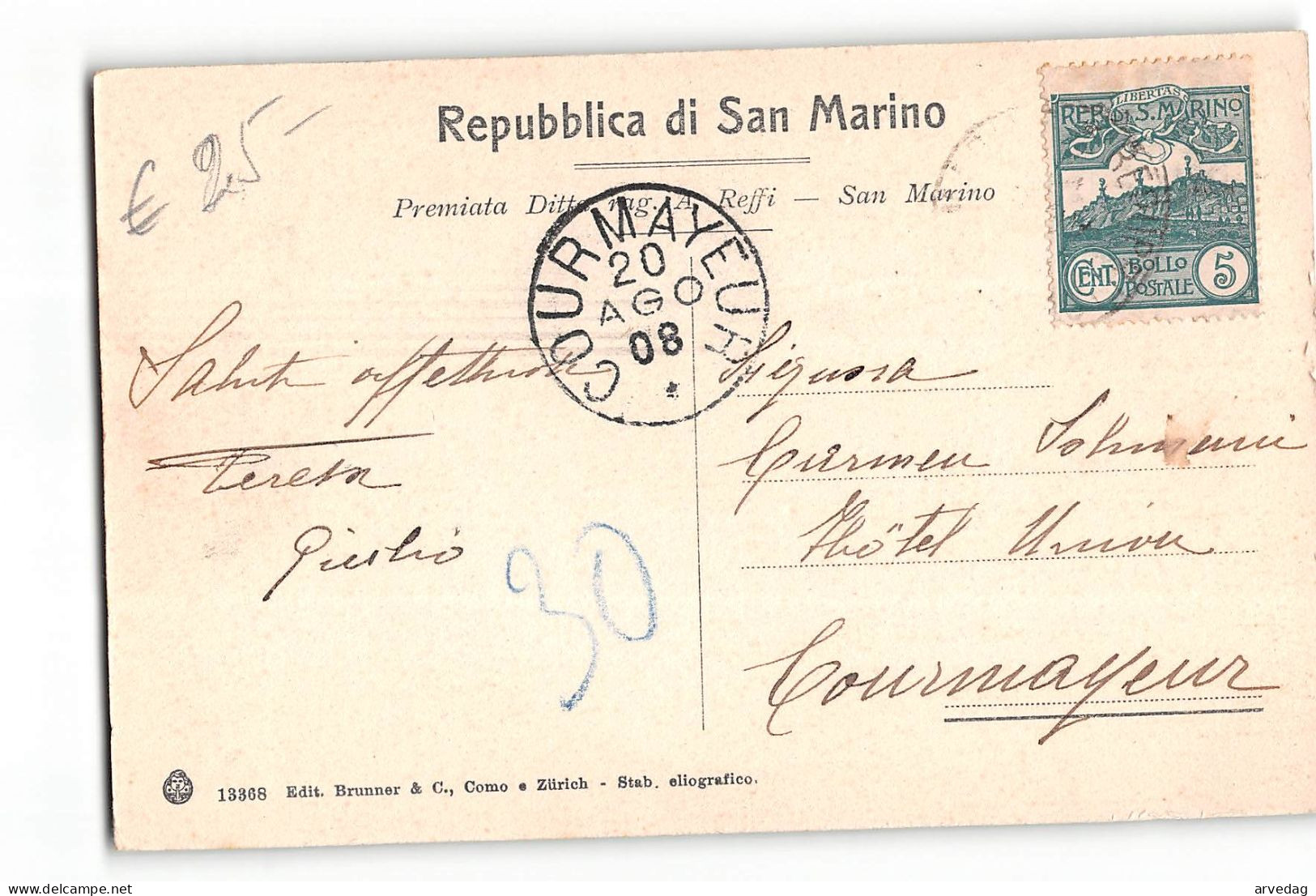7910 REPUBBLICA SAN MARINO X COURMAYEUR 1908 - Brieven En Documenten