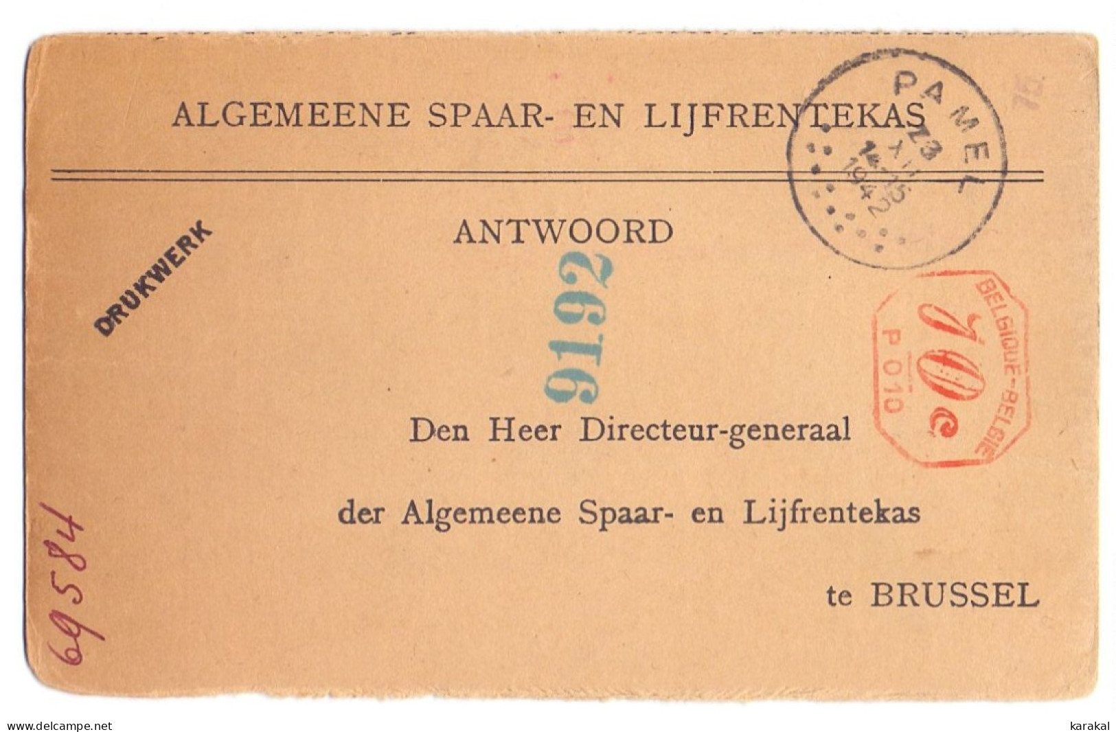 Belgique EMA P010 Algemeene Spar- En Lijfrentekas Pamel Roosdaal 1942 - ...-1959