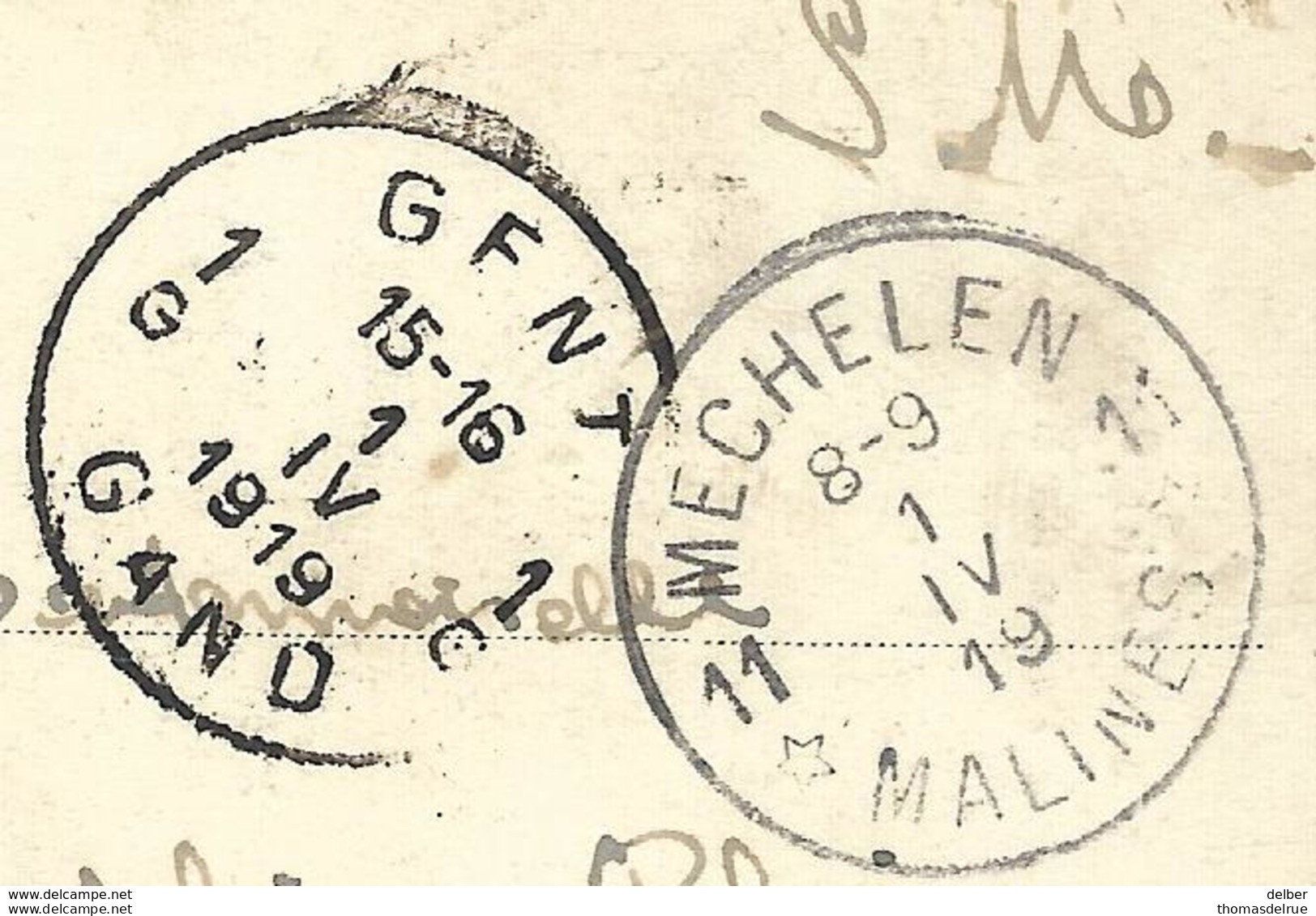 6ik-545: S.M. 11* MECHELEN 11* MALINES 8-9 1 IV 19 > Gand /pk Mechelen - Brusselse Poort... - Noodstempels (1919)