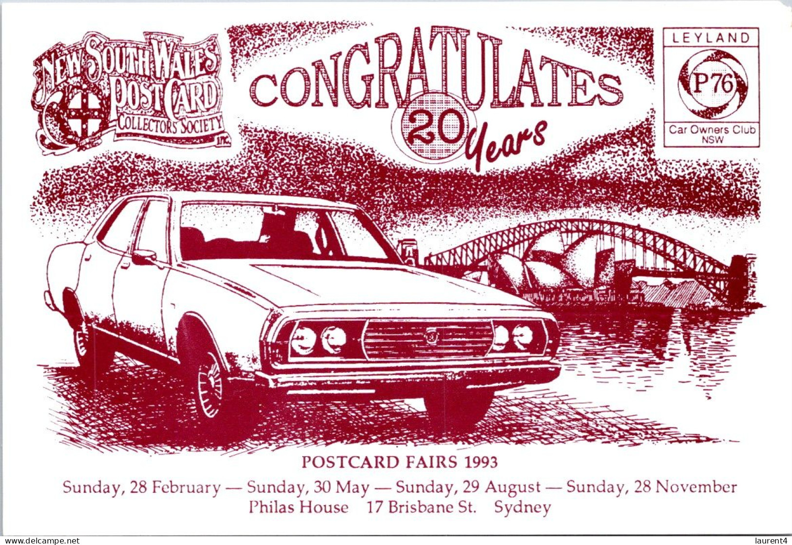 13-11-2023 (2 V 8) New South Wales Postcard Fair - 1993 - Opera House, Bridge & Automobile - Opéra