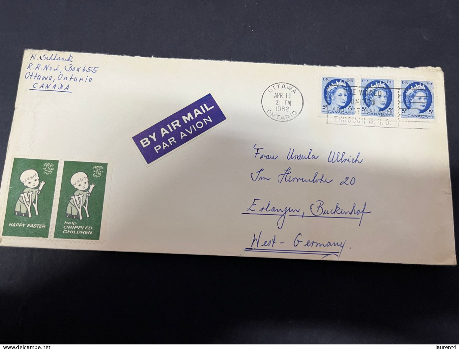 13-11-2023 (2 V 9) Letter Posted From Canada To West Germany (1962) With 2 Cinderella Stamps - Covers & Documents