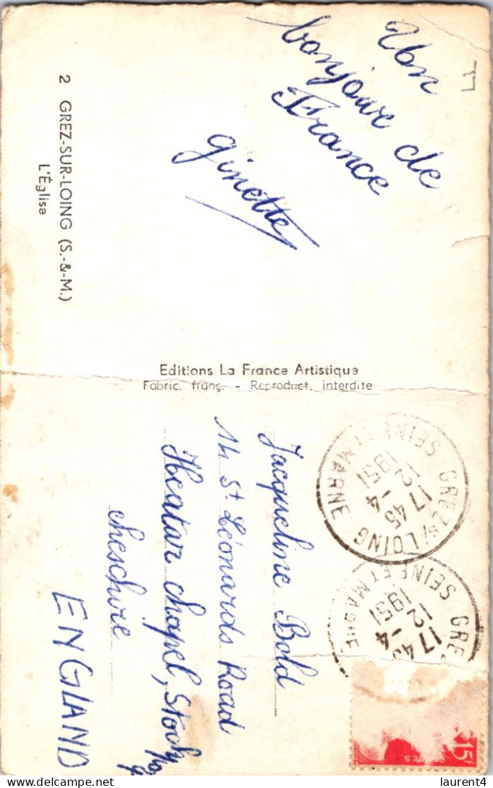 13-11-2023 (2 V 10) France - B/w - OLD (with A Fold) Posted 1951 - Eglise De Grez Sur Loing - Kirchen U. Kathedralen