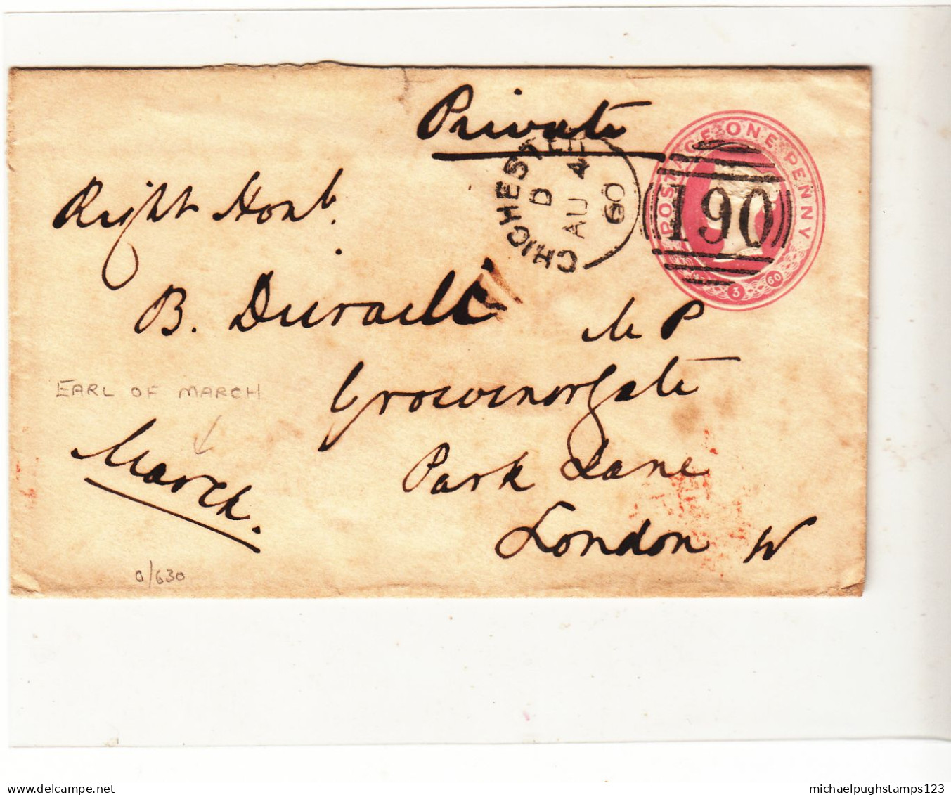 G.B. / Penny Pink Stationery / Chichester SIdeways Duplex / Autographs - Non Classés