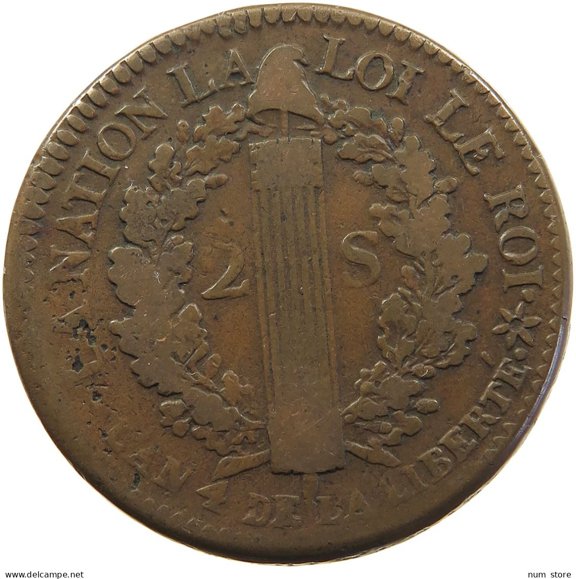 FRANCE 2 SOLS 1792 BB Louis XVI. (1774-1793) #t016 0039 - 1791-1792 Constitution (An I)