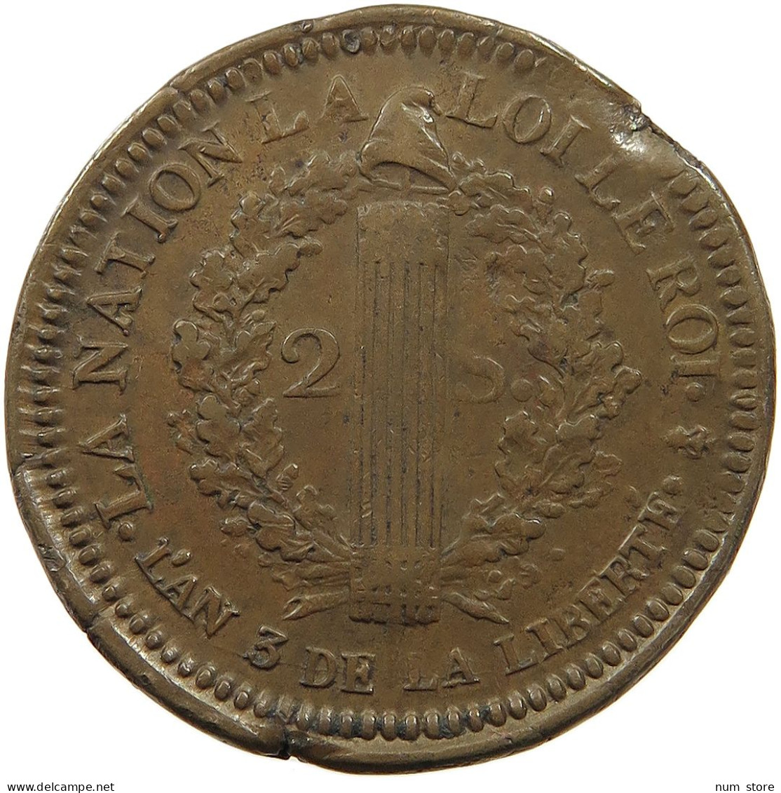 FRANCE 2 SOLS 1791 A YEAR 3 Louis XVI. (1774-1793) RARE #t058 0011 - 1791-1792 Constitution (An I)