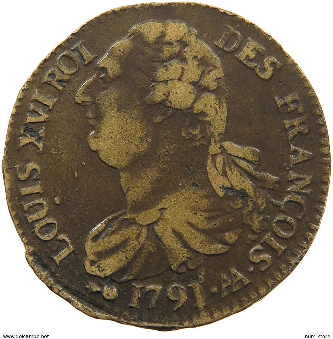 FRANCE 2 SOLS 1791 AA Louis XVI. (1774-1793) RARE #t006 0017 - 1791-1792 Costituzione 