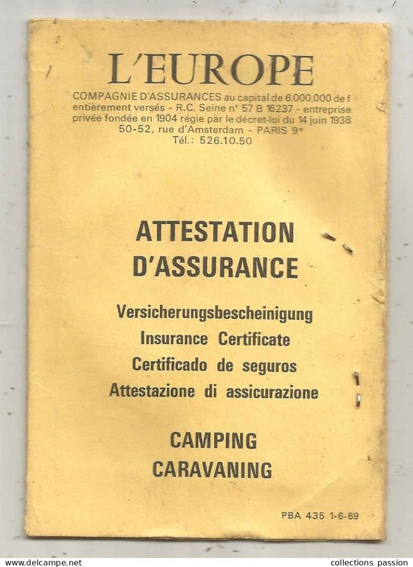 Carte 8 Pages, 1974, Attestation D'assurance, Camping-caravaning L'EUROPE, Agence Paris-Tolbiac, Paris 13 E, 3 Scans - Tessere Associative
