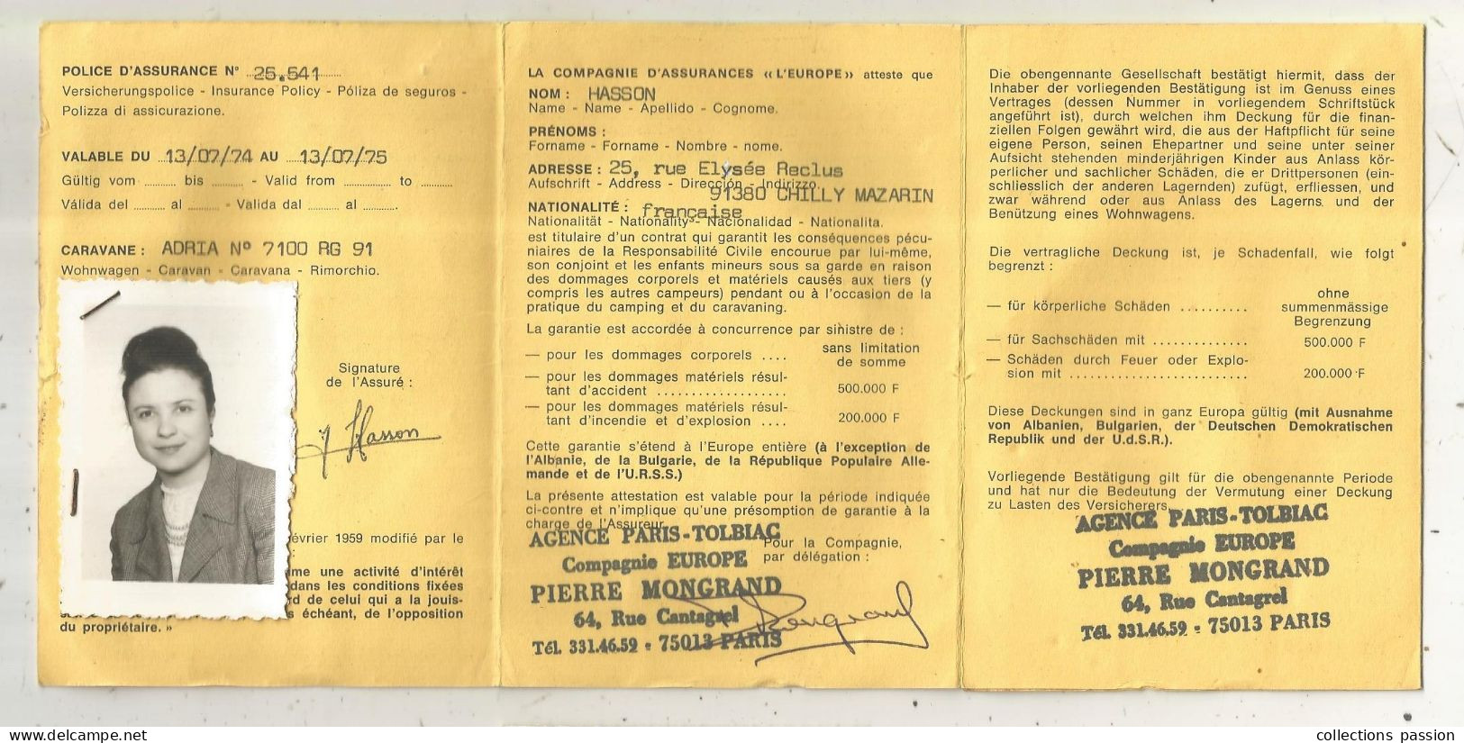 Carte 8 Pages, 1974, Attestation D'assurance, Camping-caravaning L'EUROPE, Agence Paris-Tolbiac, Paris 13 E, 3 Scans - Tarjetas De Membresía