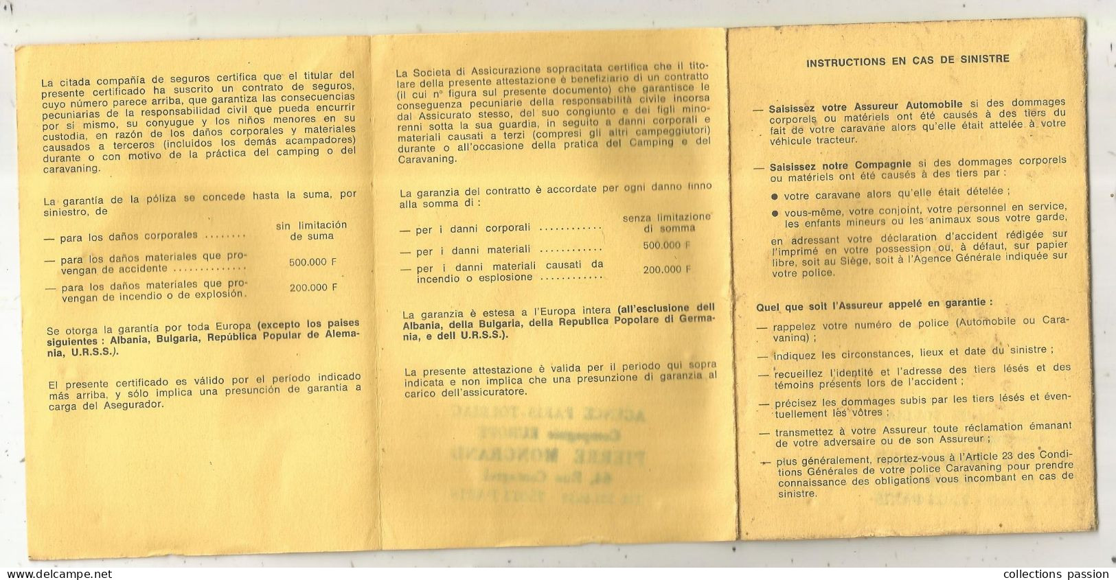 Carte 8 Pages, 1974, Attestation D'assurance, Camping-caravaning L'EUROPE, Agence Paris-Tolbiac, Paris 13 E, 3 Scans - Tarjetas De Membresía