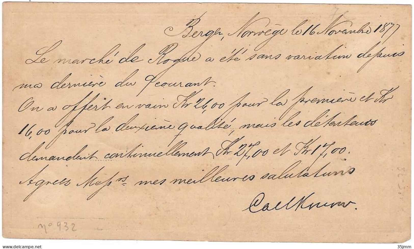 Norvège Pour La France Ambulant Norvège Erquelines 2° 1877 Bergen Nantes - Lettres & Documents