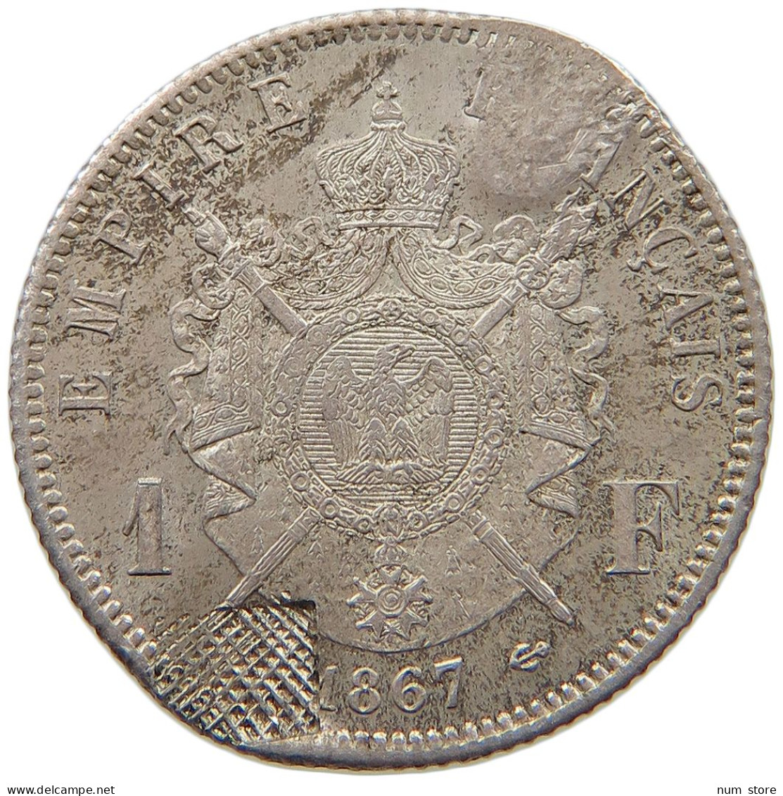FRANCE FRANC 1867 Napoleon III. (1852-1870) INTERESTING COUNTERMARKS #T079 0181 - 1 Franc