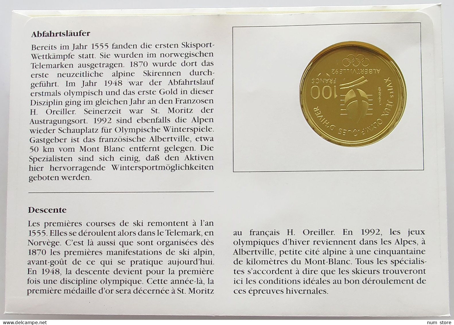 FRANCE NUMISBRIEF / STATIONERY 100 FRANCS 1992 100 FRANCS 1992 ALBERTVILLE #ns01 0129 - Autres & Non Classés