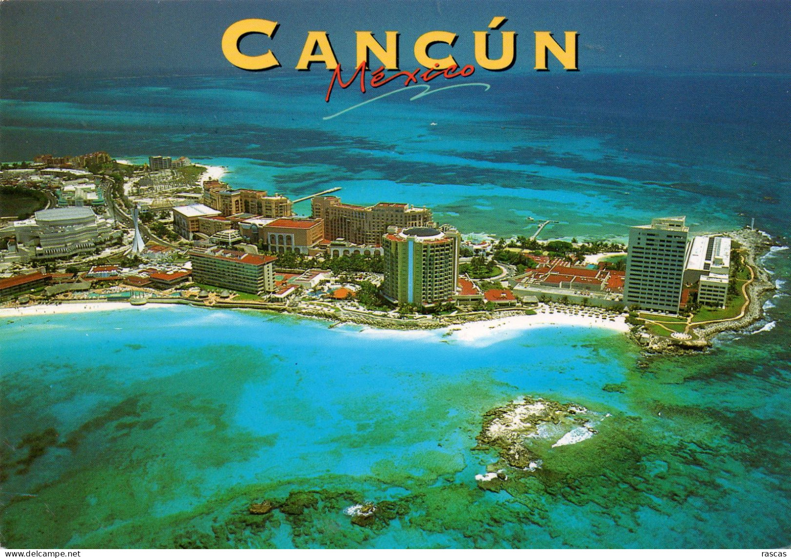 CPM - MEXIQUE - CANCUN - VISTA PANORAMICA  ZONA HOTELERA DE CANCUN CON LAS CALIDAS AGUAS DEL MAR CARIBE A SU ALREDEDOR - Mexique