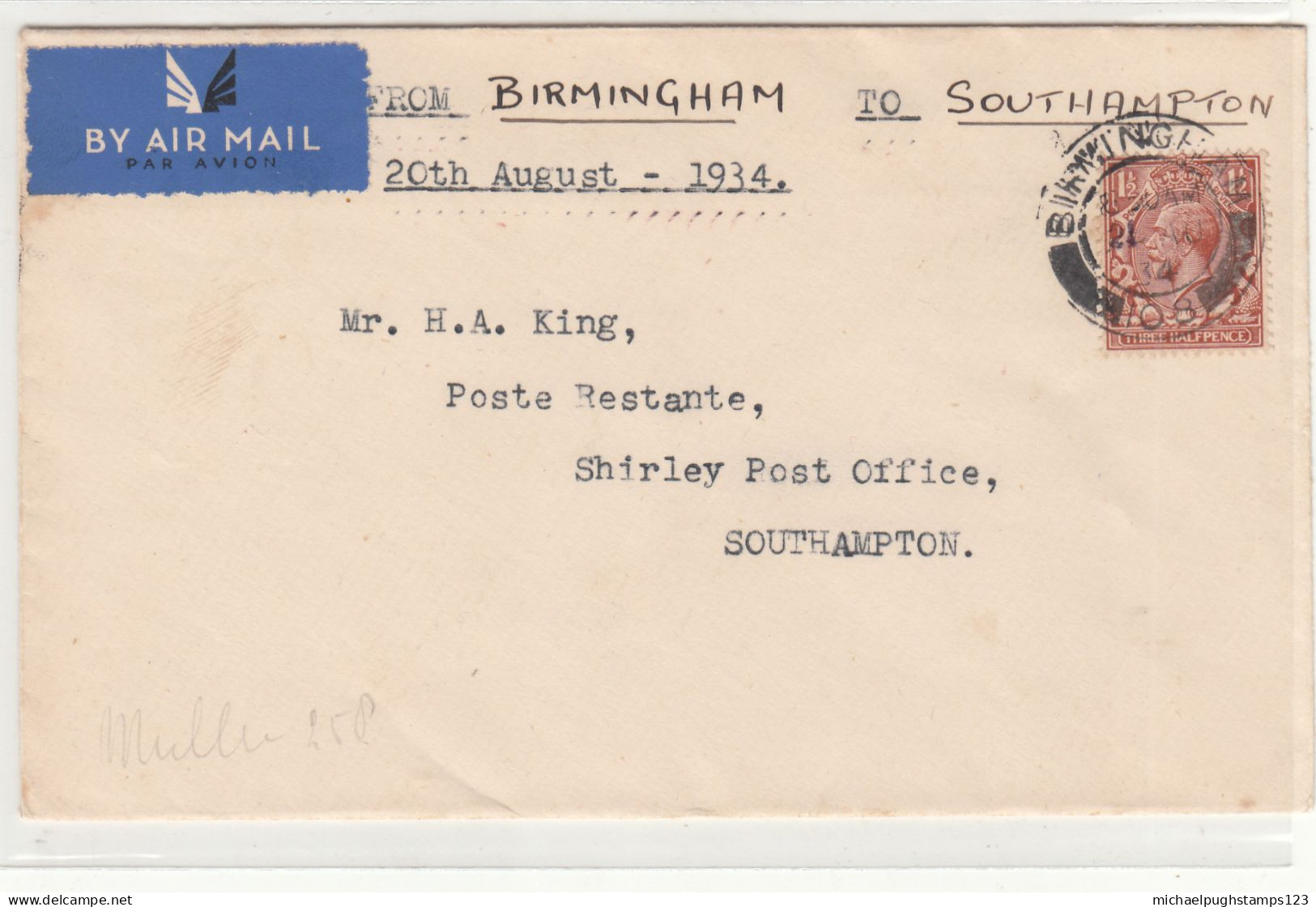 G.B. / 1934 Internal Airmails / Birmingham To Southampton - Unclassified