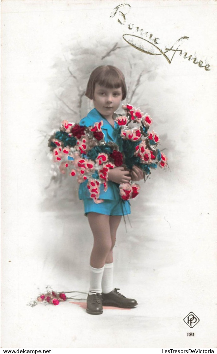 FÊTES ET VOEUX - Bonne Année - Petit Garçon Avec Un Bouquet De Fleurs - Costume Bleu - Colorisé - Carte Postale Ancienne - Año Nuevo