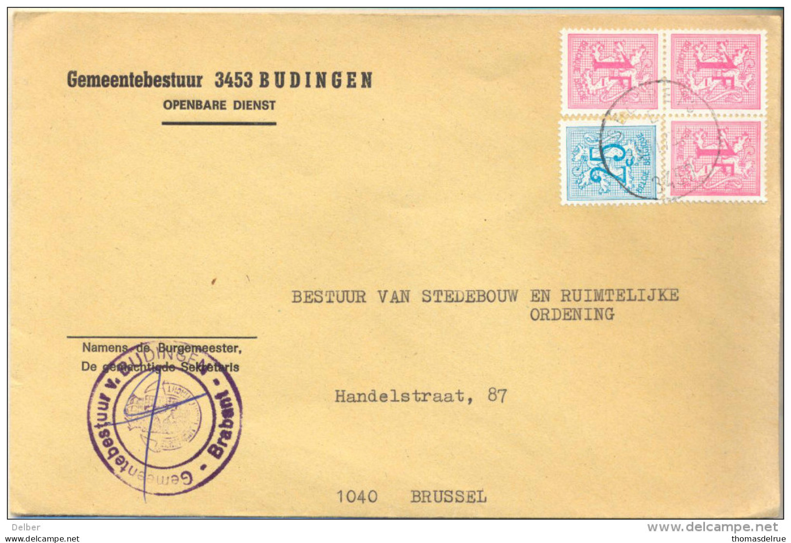 4Za928 : Open Omslag: GEMEENTEBESTUUR 3453 BUDINGEN 3,25 F Port > 1040 Brussel+ Contreseing . - 1951-1975 León Heráldico