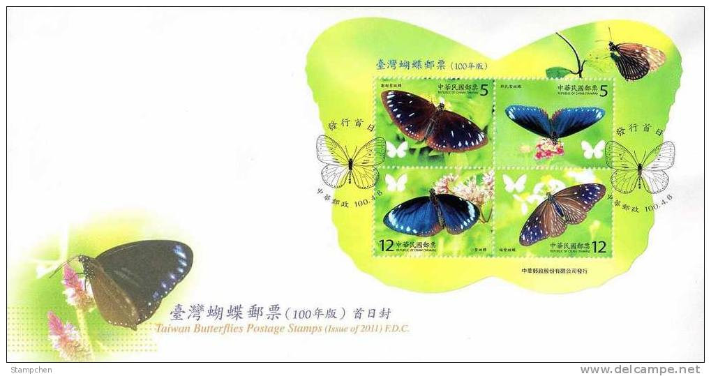 FDC(A)  2011 Taiwan Butterflies Stamps S/s Butterfly Insect Fauna Flower Unusual -Chinese Cachet - Oddities On Stamps