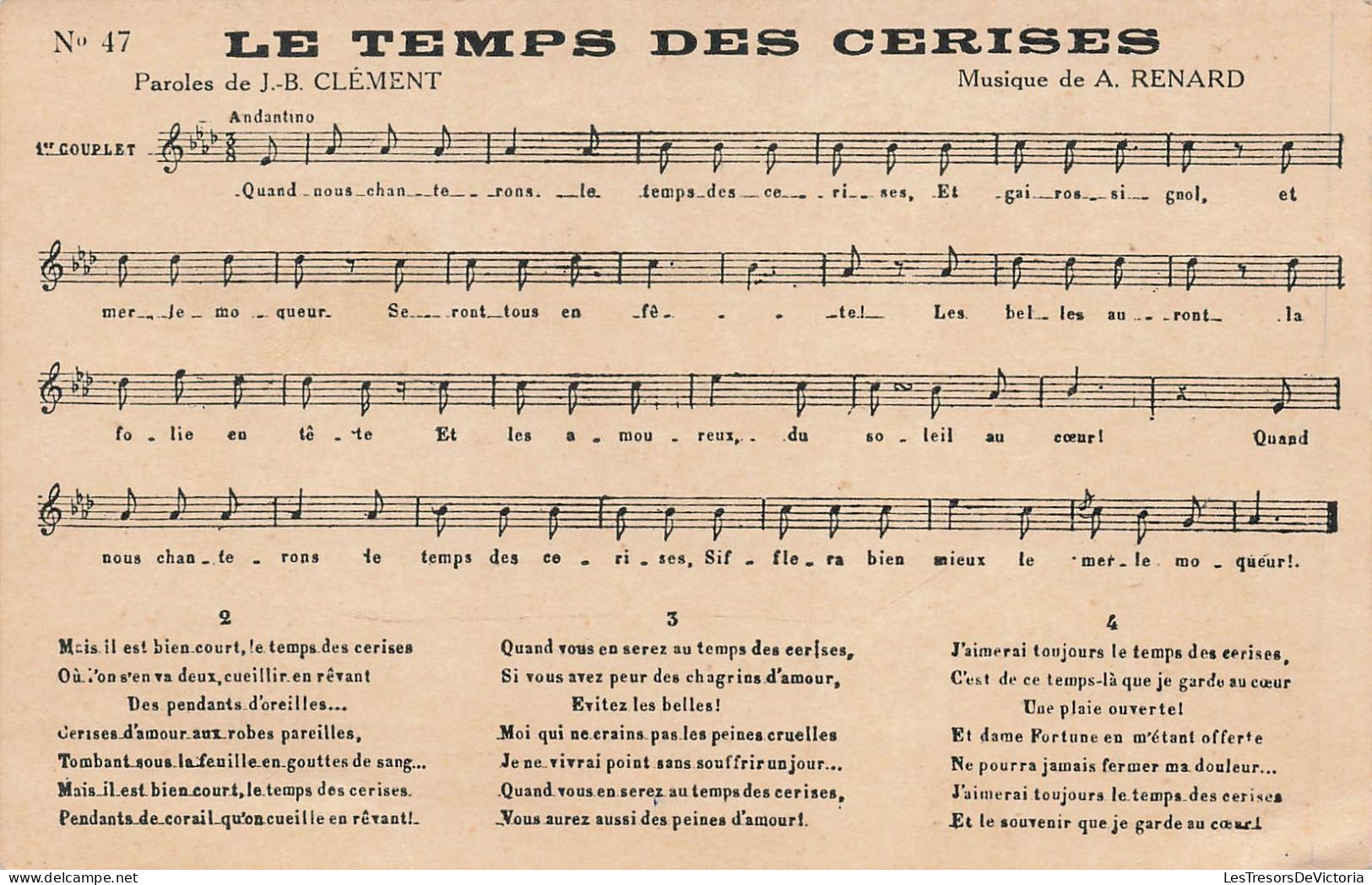 SPECTACLE - Musique - Partition - Le Temps Des Cerises - JB Clément - Carte Postale Ancienne - Musica E Musicisti