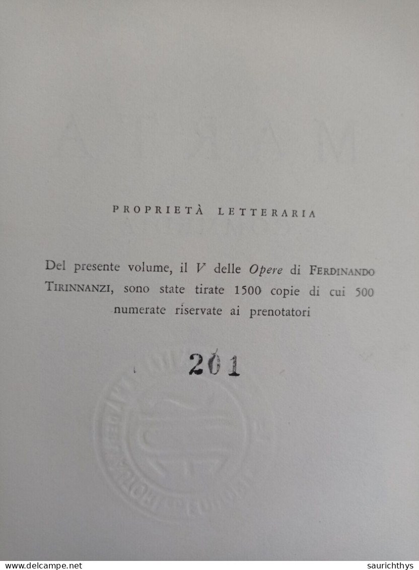 Ferdinando Tirinnanzi Marta Commedia Sansoni Edizione Numerata + Cartolina 1962 - Novelle, Racconti