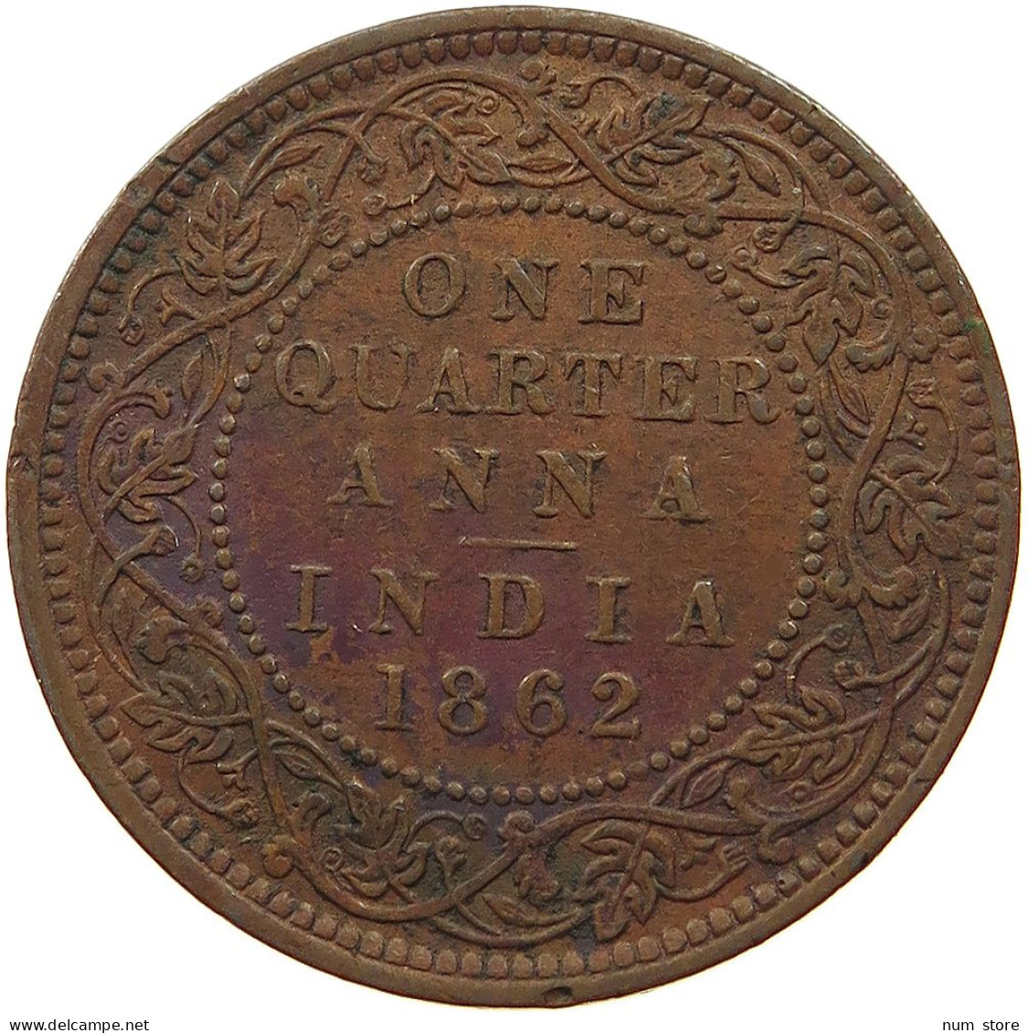 INDIA BRITISH 1/4 ANNA 1862 Victoria 1837-1901 BUST A TYPE 1 B #t071 0129 - India