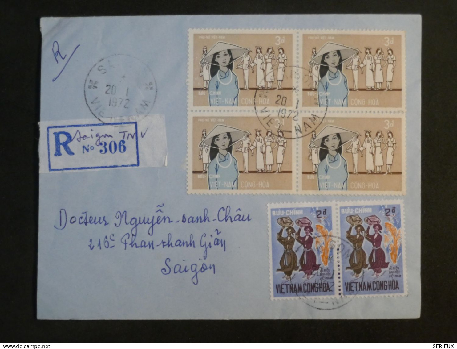 DF7 VIETNAM  CONG HOA BELLE  LETTRE  RECO 1972  SAIGON  +BLOC DE 4 TP +  BEL AFF. INTERESSANT+  + - Vietnam