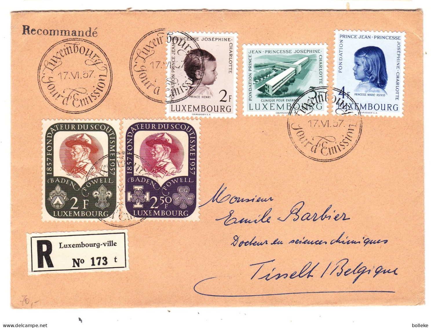 Luxembourg - Lettre FDC Recom De 1957 - Oblit Luxembourg - Exp Vers Tisselt - Scoutisme - Clinique -  Valeur 23 Euros - Covers & Documents