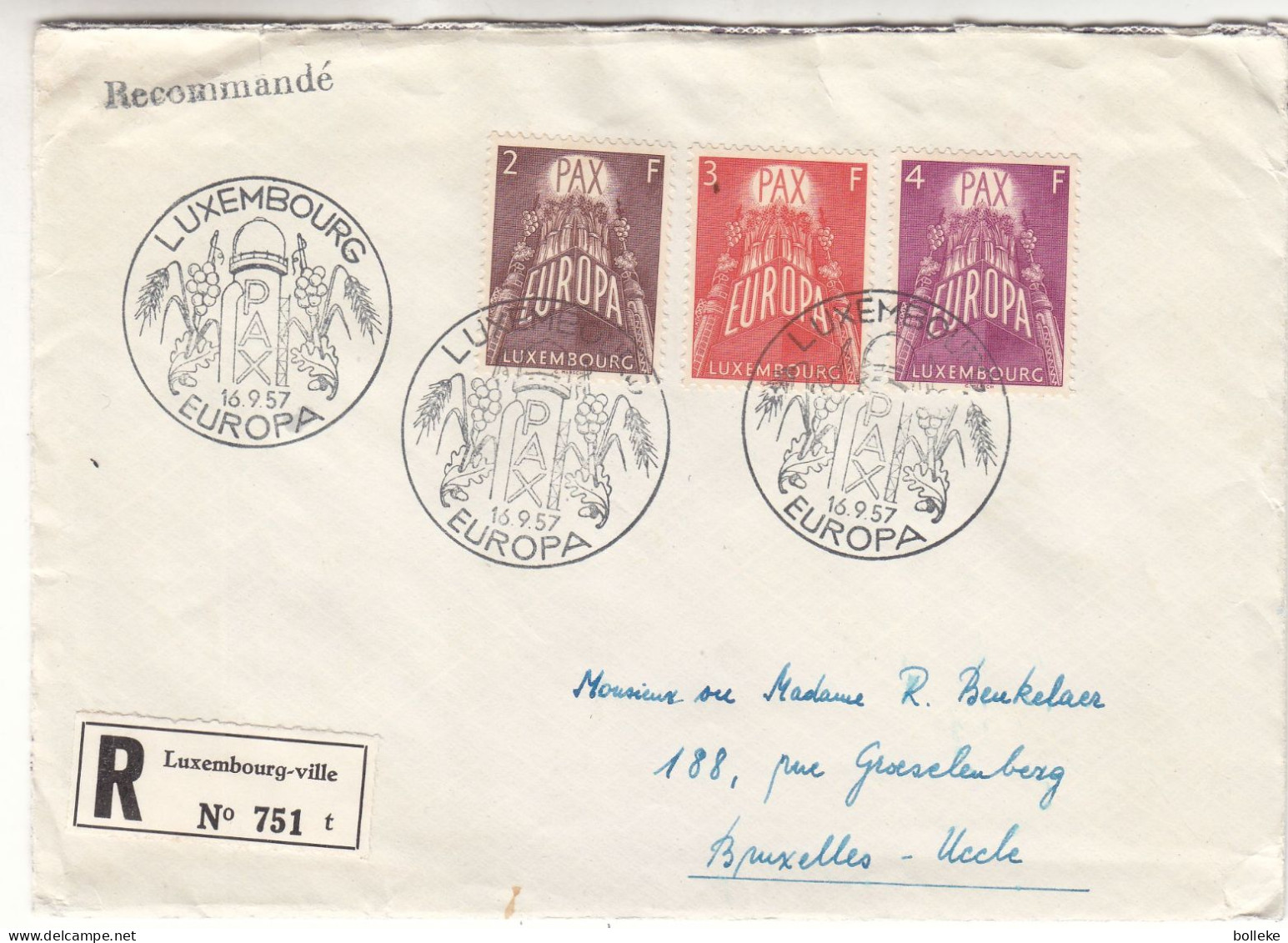 Luxembourg - Lettre FDC Recom De 1957 - Oblit Luxembourg - Europa 57 -  Valeur 75 Euros - Cartas & Documentos