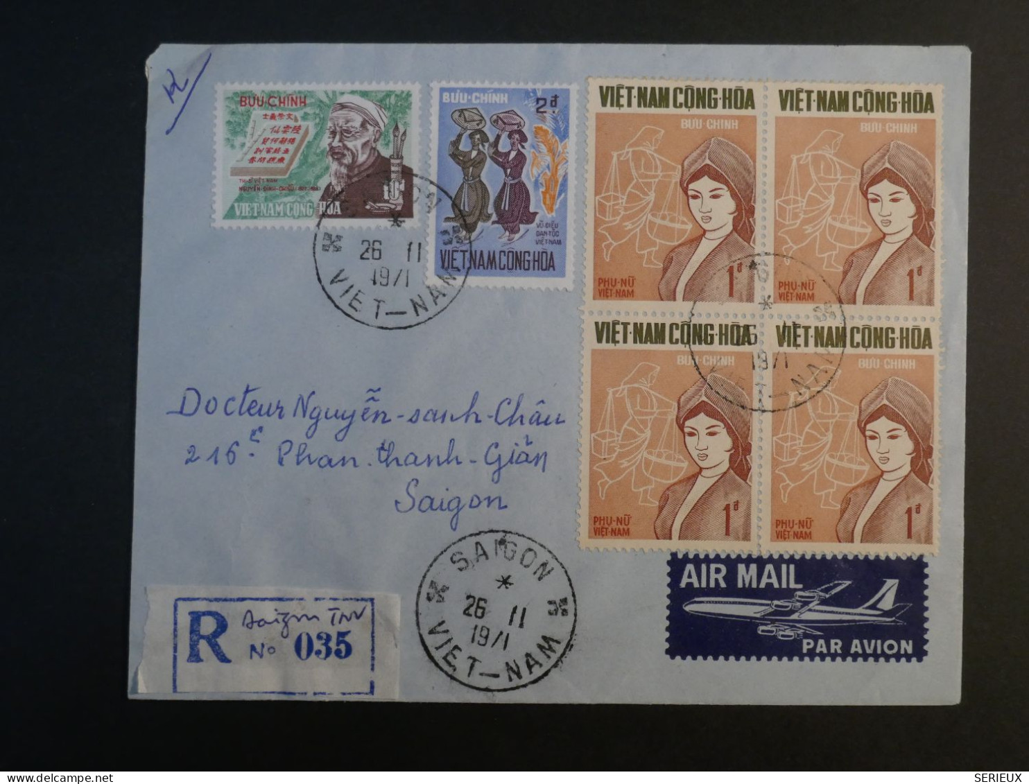 DF7 VIETNAM  CONG HOA BELLE  LETTRE  RECO 1972  SAIGON  +BLOC DE 4 TP +  BEL  AFF. INTERESSANT+  + - Viêt-Nam