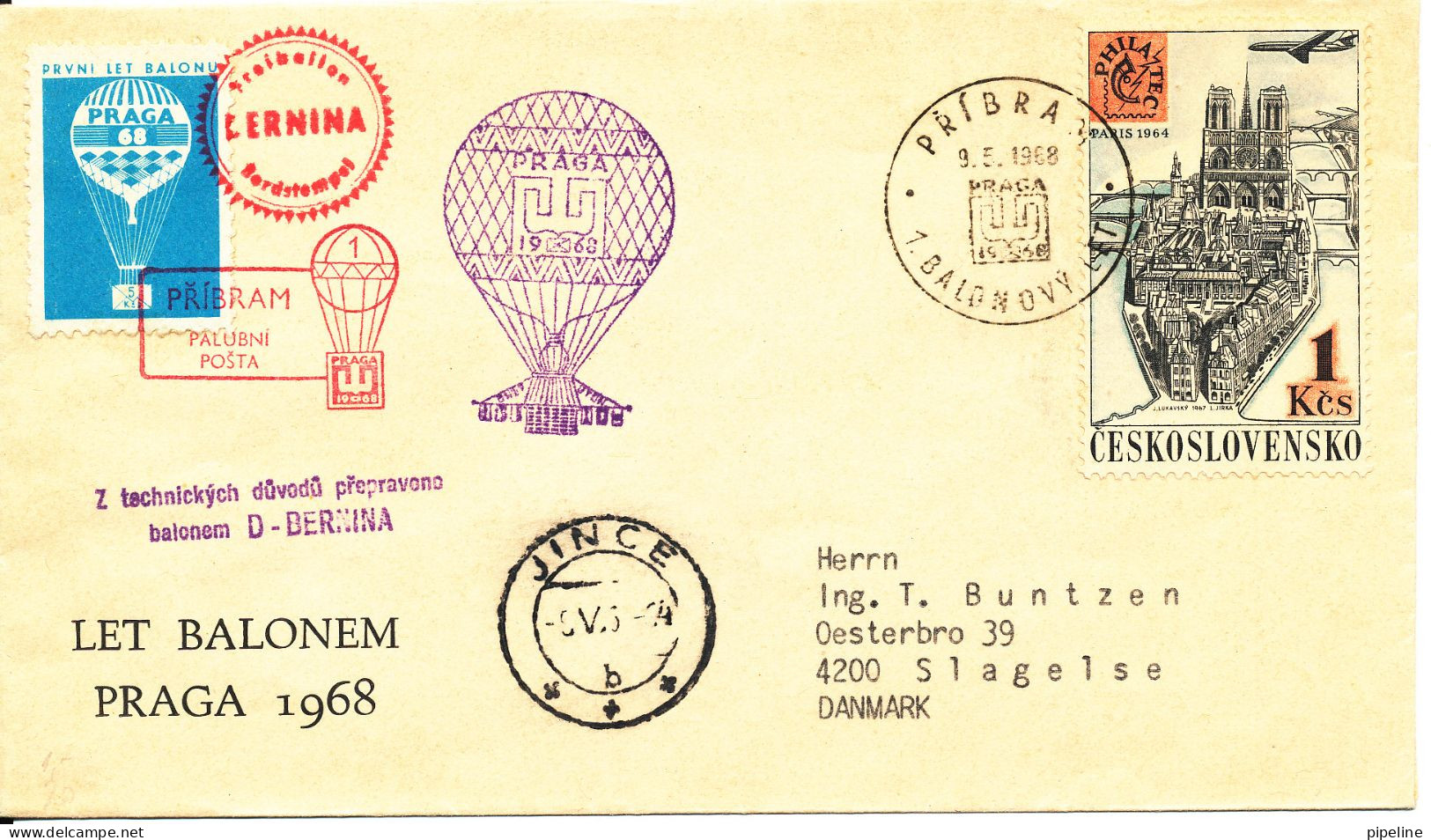 Czechoslovakia Cover Balloonpost PRAGA 68 9-5-1968 With Special PRAGA Balloon Seal Sent To Denmark - Cartas & Documentos