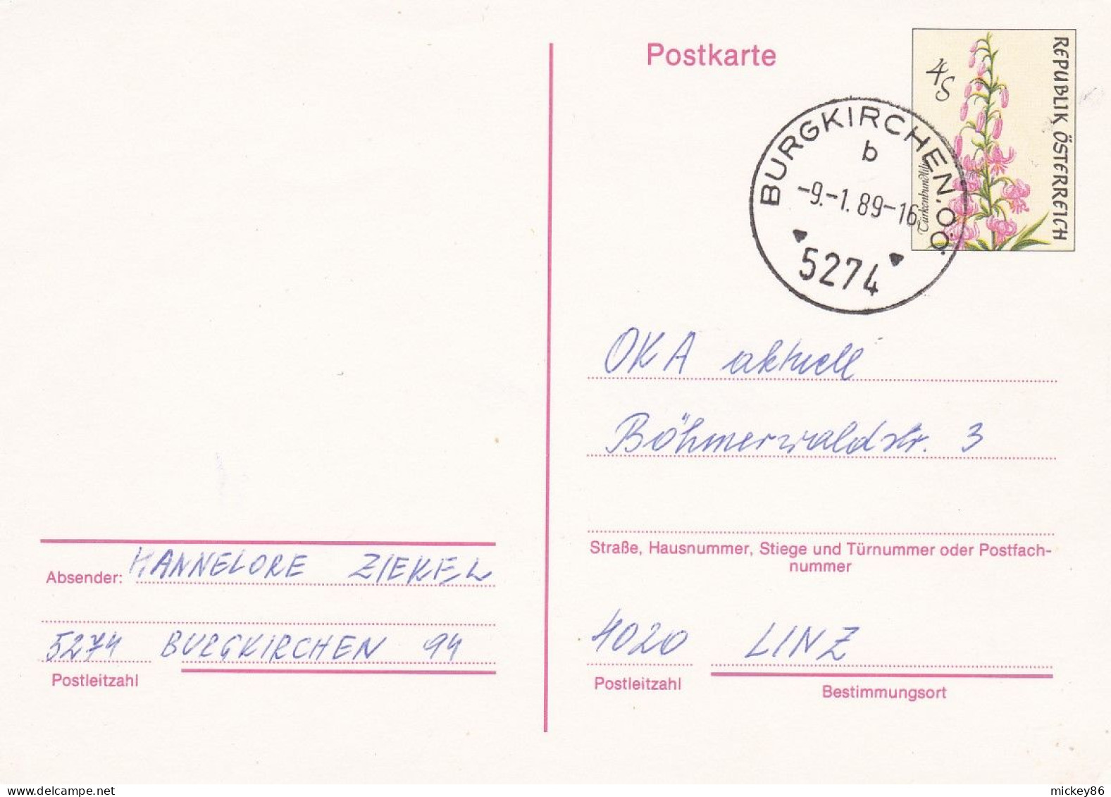 Autriche--1989--entier Carte Postale (fleur) De BURGKIRCHEN Pour LINZ ....beau Cachet - Lettres & Documents