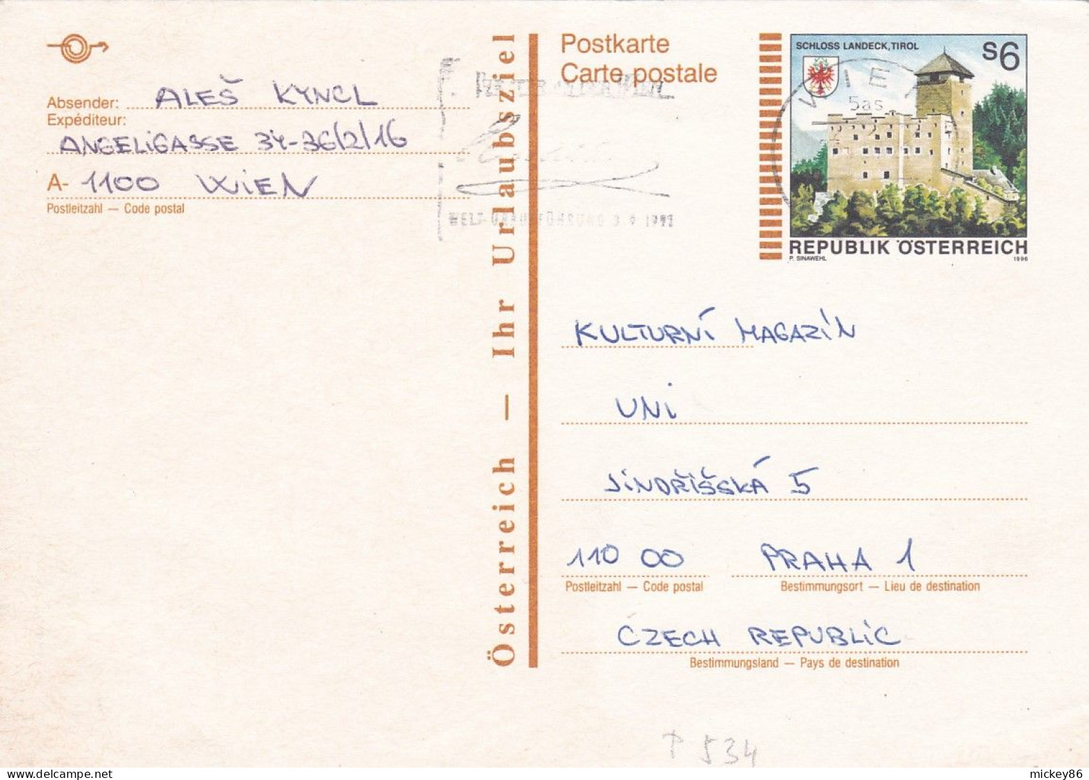 Autriche--1991--entier Carte Postale (schloss Landeck) De WIEN Pour PRAHA (Czech Republic) .... - Covers & Documents