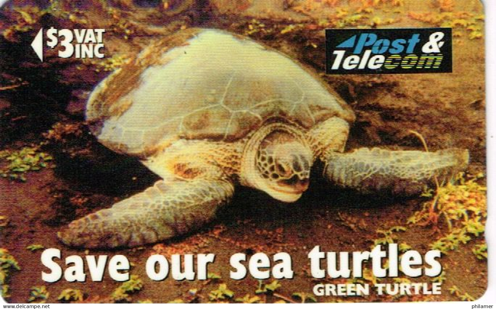 Fidji Fiji TELECARTE PHONECARD Telecom Save Sea Turtle Tortue Green Verte 3 Dollars 1995 Ut BE - Fiji