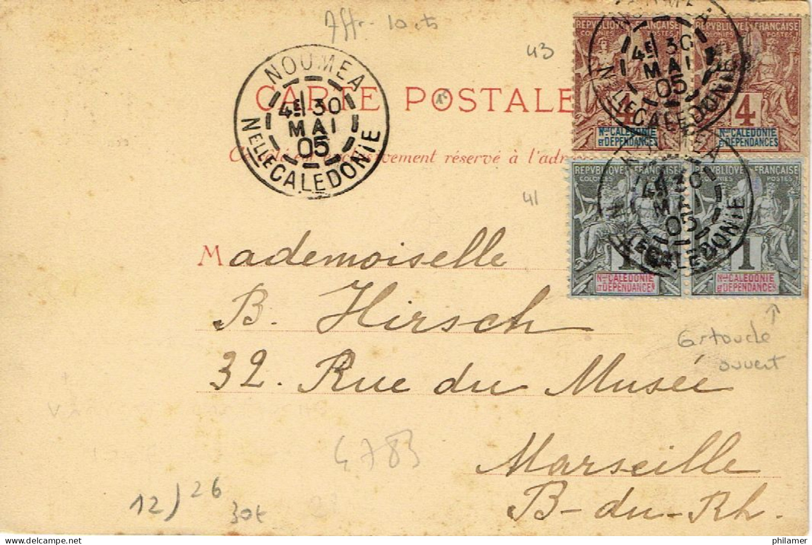 Nouvelle Caledonie Caledonia Carte Postale Timbre Napoleon III Cad Noumea 1905 Obliteration 10 C Pour Marseille Ut BE - Brieven En Documenten