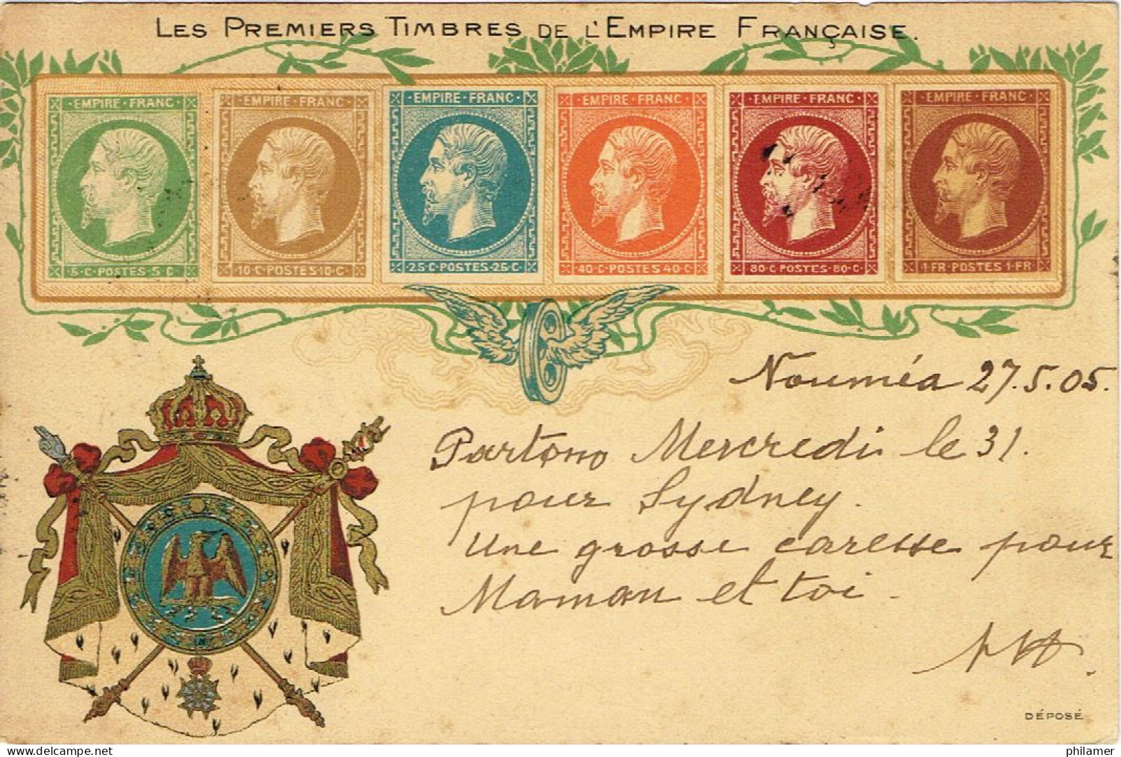 Nouvelle Caledonie Caledonia Carte Postale Timbre Napoleon III Cad Noumea 1905 Obliteration 10 C Pour Marseille Ut BE - Storia Postale