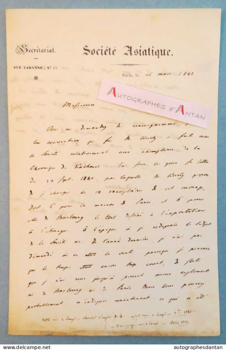 ● L.A.S 1842 Jules MOHL Orientaliste Né Stuttgart - Société Asiatique Rue Tabanne - Treuttel Et Wurtz - Kachouir Lettre - Historical Figures