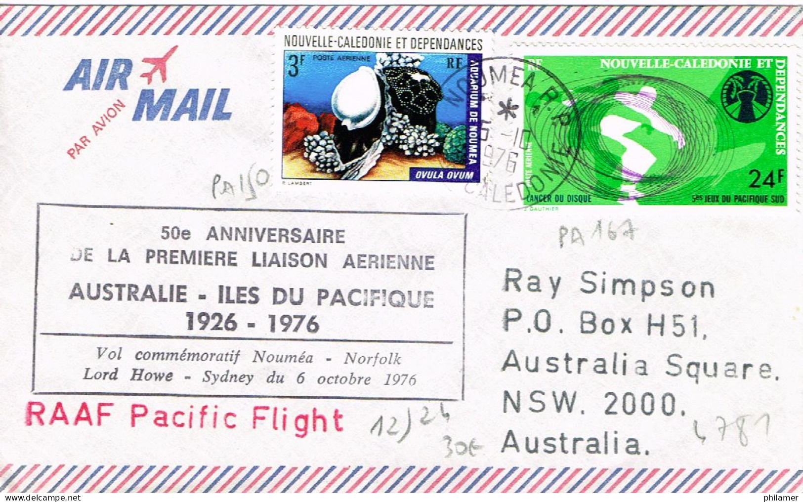 Nouvelle Caledonie Caledonia FFC Premier Vol Aerien 50 Anniversaire Australie Iles Du Pacifique Noumea Norfolk Sydney 76 - Storia Postale