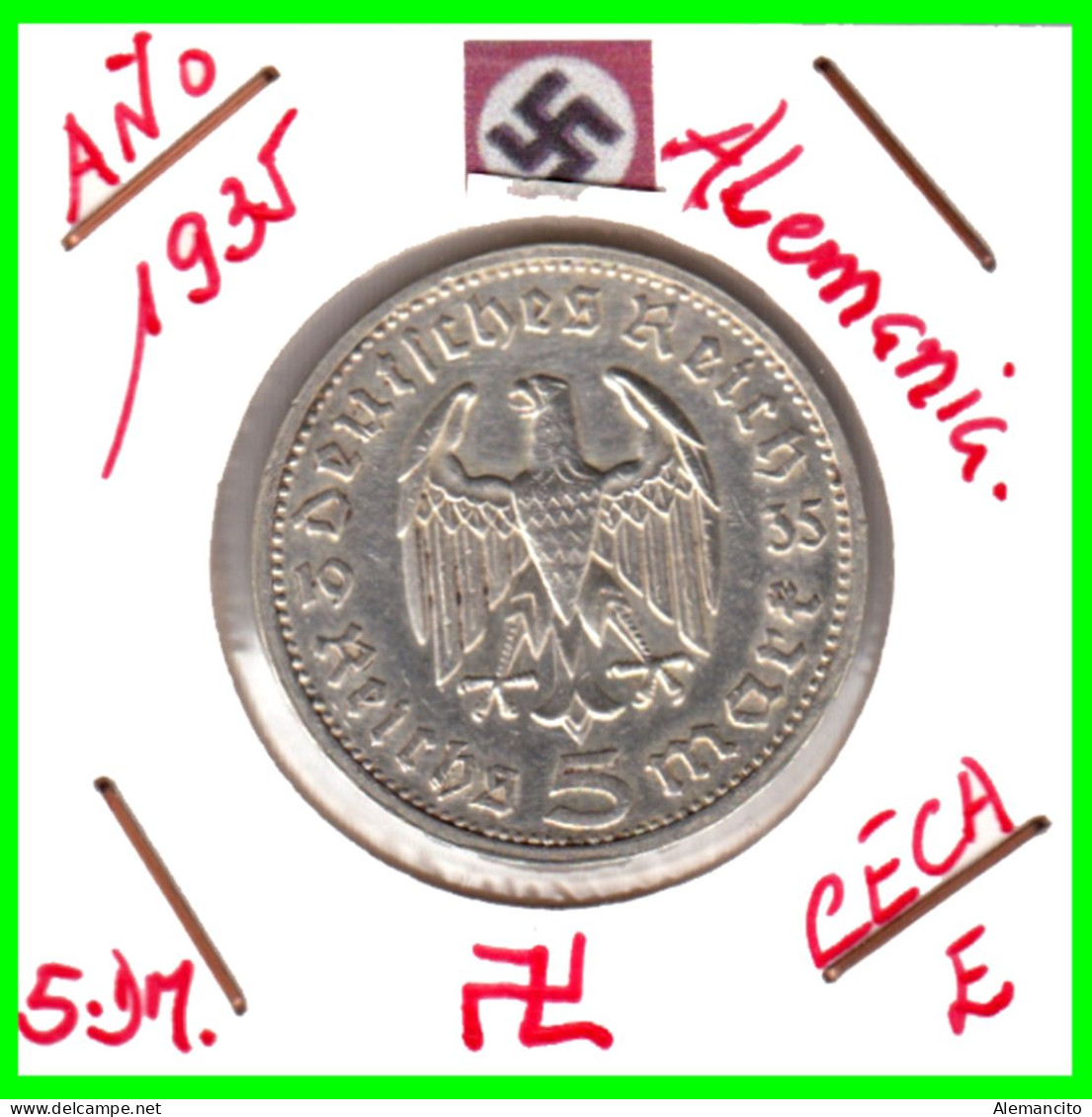 GERMANY - ALEMANIA DEUTFCHES REICH  MONEDA DE 5.00 REICHSMARK AÑO 1935-E DE PLATA - 29 MM.  HINDENBURG –AGUILA  CECA-E - 5 Reichsmark