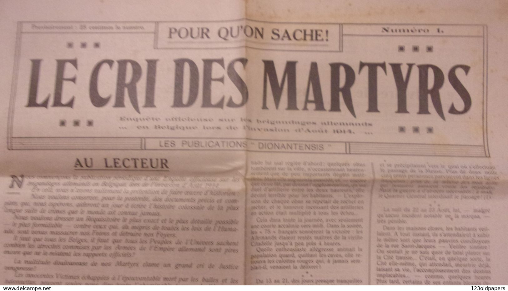 WWI RARE BELGIQUE 1914 N ° 1 LE CRI DES MARTYRS JOURNAL DINANT LE MARTYR  PUBLICATIONS DIONANTENSIS ENQUETE - 1914-18