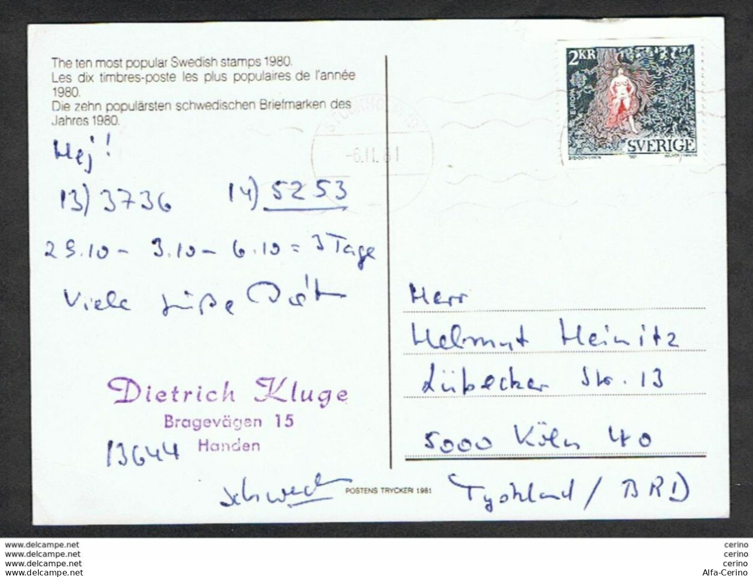 SWEDEN: 1981  ILLUSTRATED POSTCARD WITH 2 K. POLYCHROME (1124) - TO GERMANY - Covers & Documents