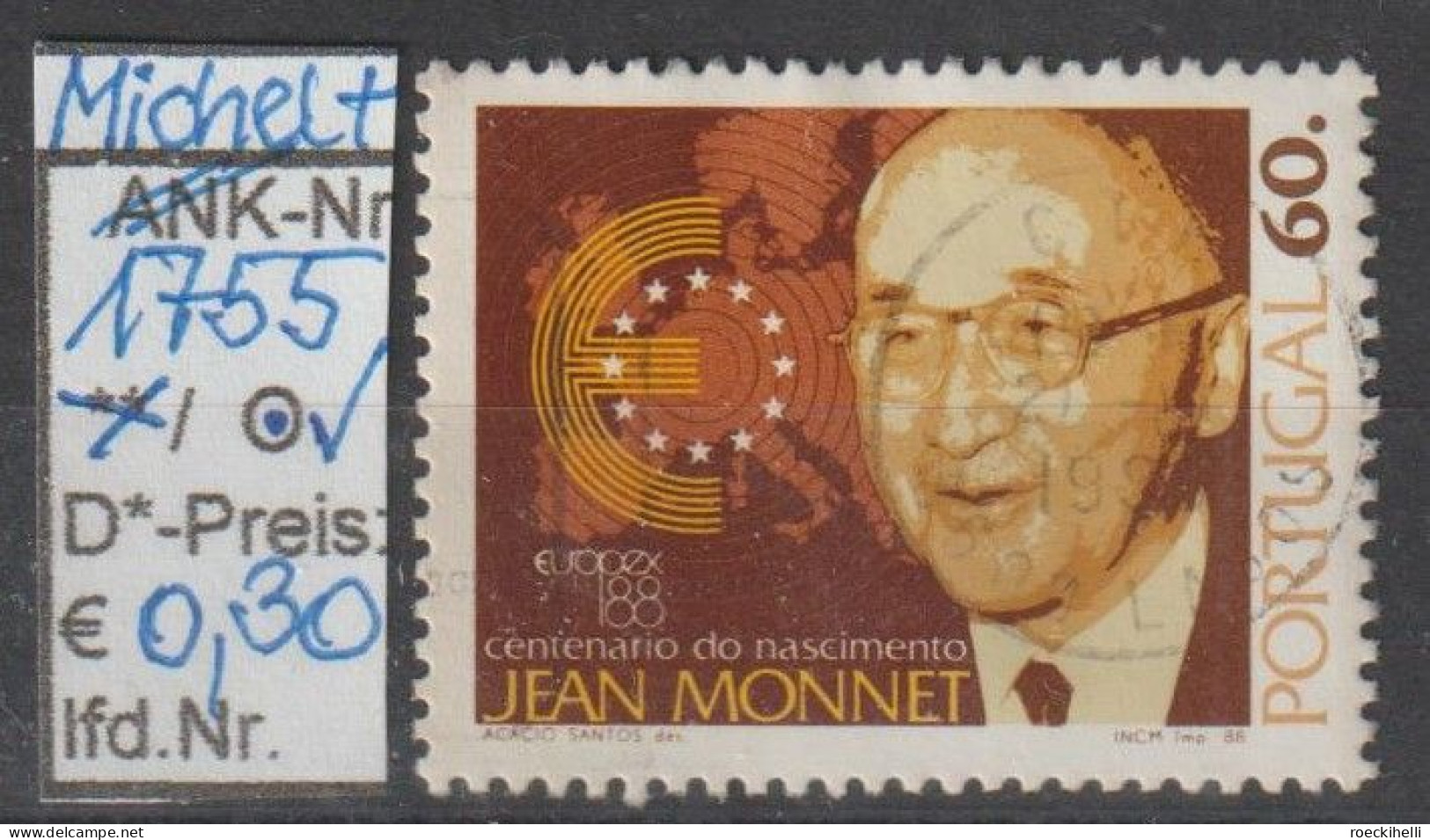 1988 - PORTUGAL - SM "100. Geb.tag V. Jean Monnet" 60 E Mehrf. - O Gestempelt - S.Scan (port 1755o) - Usado