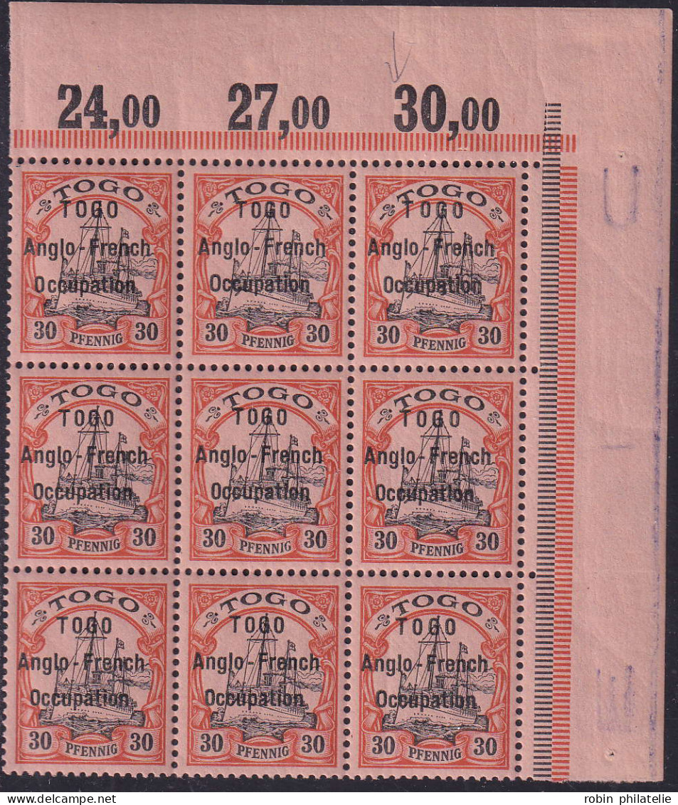 Togo  N°37 30 Pfennig  Rouge Et Noir Sur Saumon Bloc De 9 Cdf(1 Ex 37b) Qualité:** - Andere & Zonder Classificatie