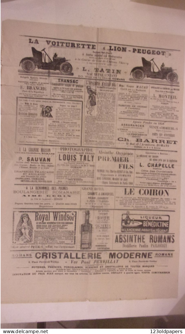 RARE JOURNAL ROMANS SUR ISERE  1907 26 OCTOBRE LE BONHOMME JACQUEMART PUB SUR ROMANS LION PEUGEOT AUTOMOBILES.. - Rhône-Alpes