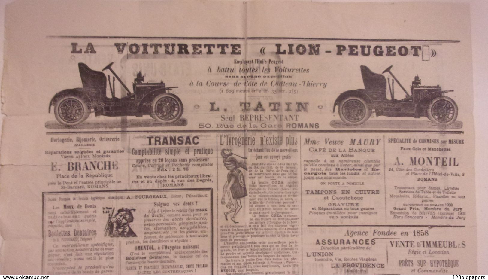 RARE JOURNAL ROMANS SUR ISERE  1907 26 OCTOBRE LE BONHOMME JACQUEMART PUB SUR ROMANS LION PEUGEOT AUTOMOBILES.. - Rhône-Alpes