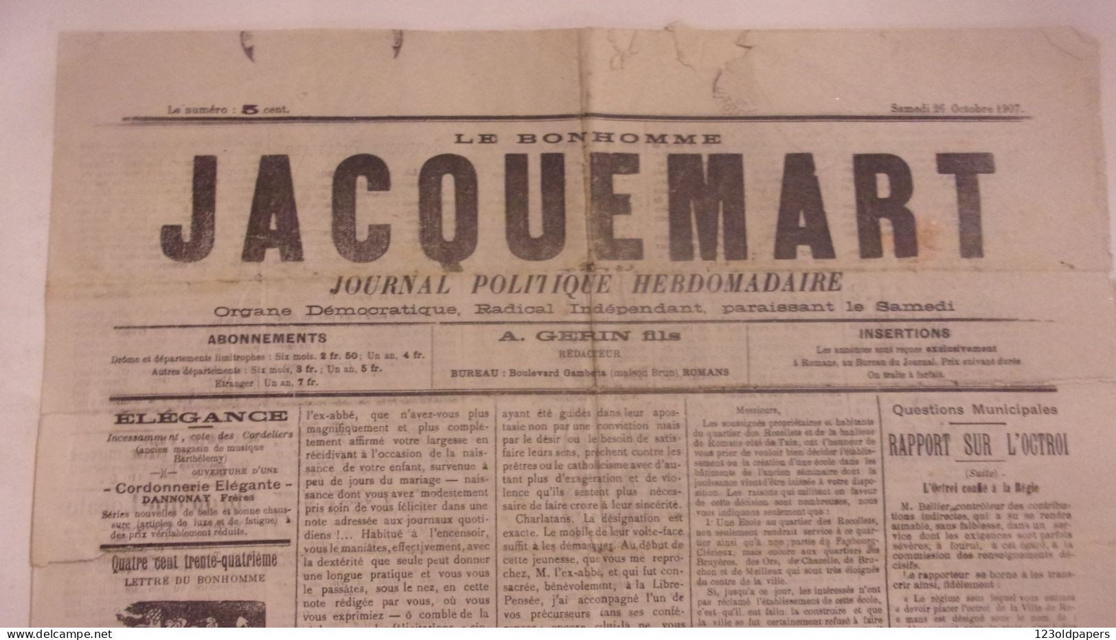 RARE JOURNAL ROMANS SUR ISERE  1907 26 OCTOBRE LE BONHOMME JACQUEMART PUB SUR ROMANS LION PEUGEOT AUTOMOBILES.. - Rhône-Alpes