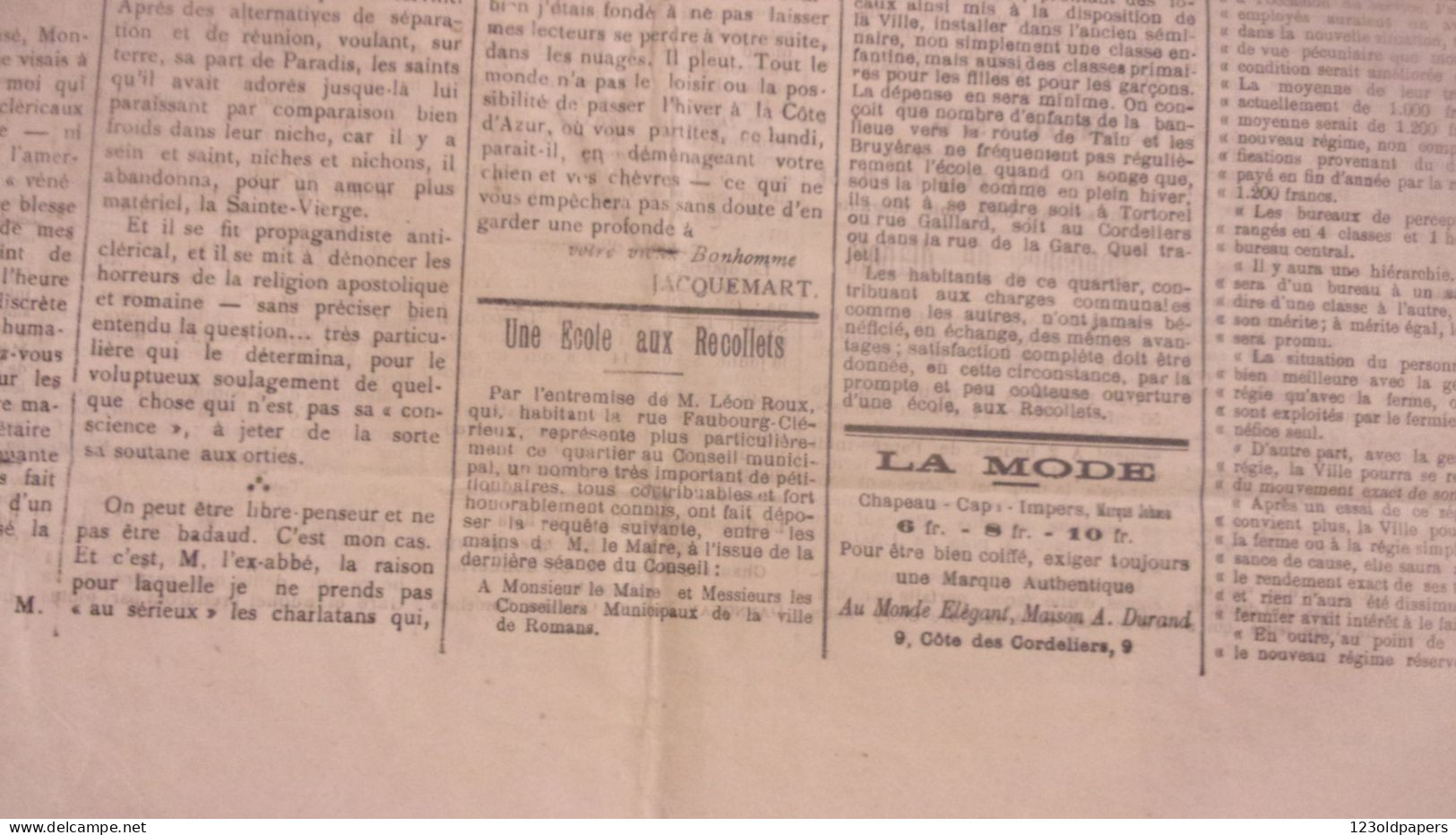 RARE JOURNAL ROMANS SUR ISERE  1907 26 OCTOBRE LE BONHOMME JACQUEMART PUB SUR ROMANS LION PEUGEOT AUTOMOBILES..